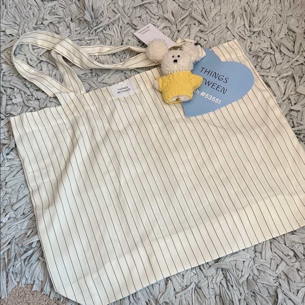 Striped Tote Bag with Bear Keychain
